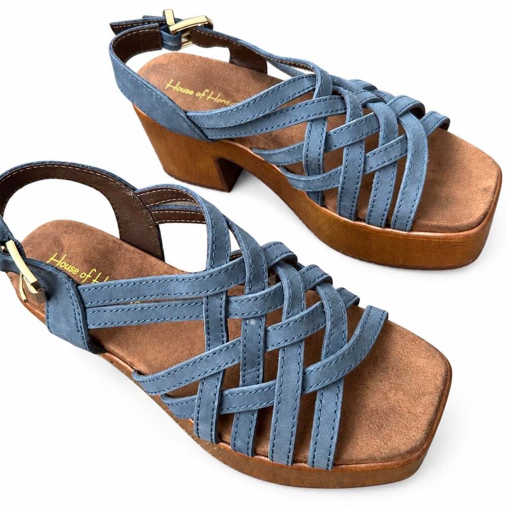 House of Harlow Women Platform Sandals 6.5 Blue Strappy Block Heel Ankle Buckle
